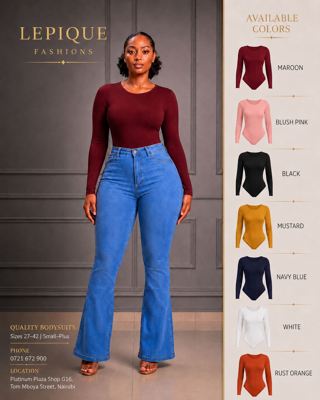 High-waist jeans and bodysuit outfit – Lepique Fashions Nairobi
