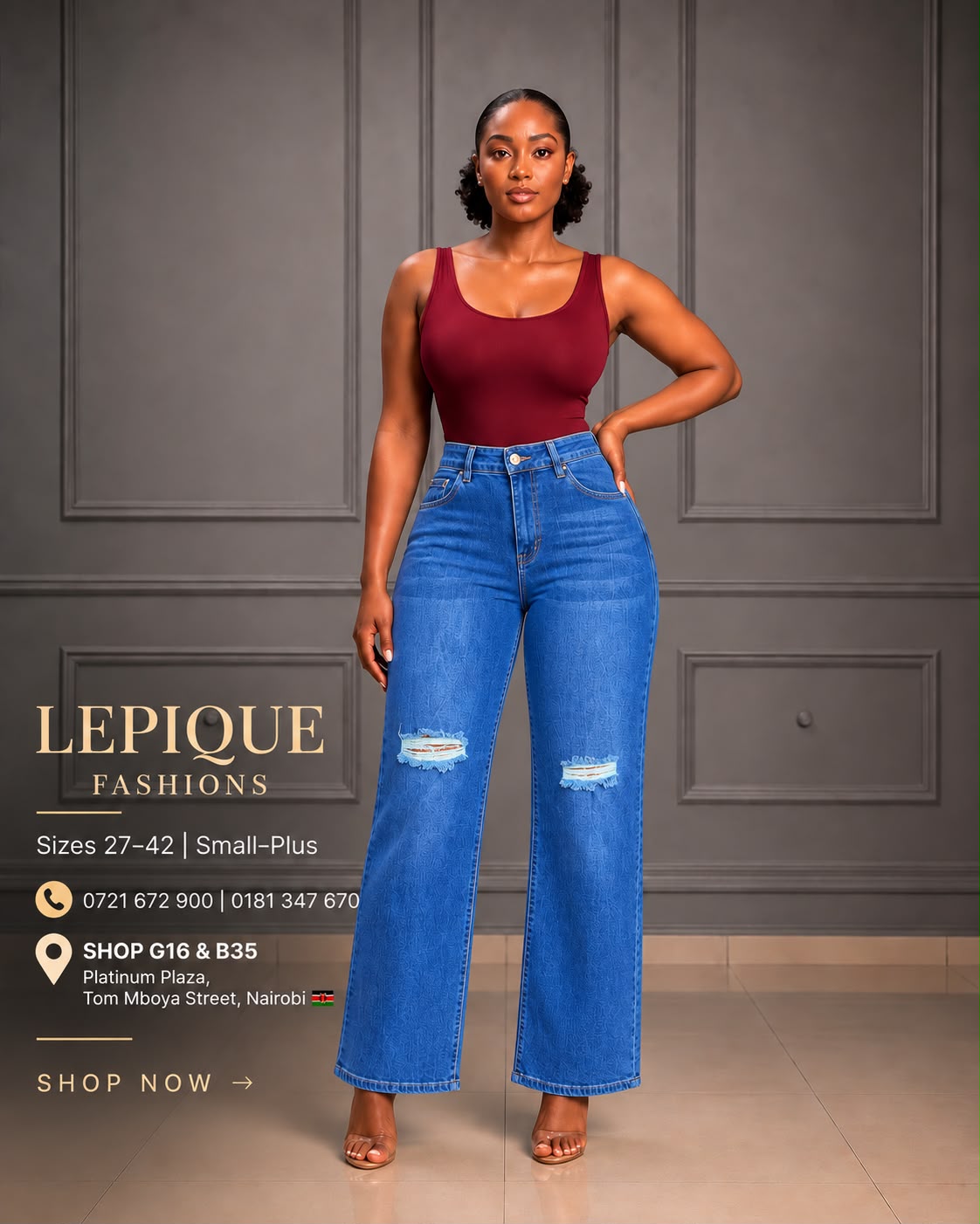 Medium blue wide ripped jeans